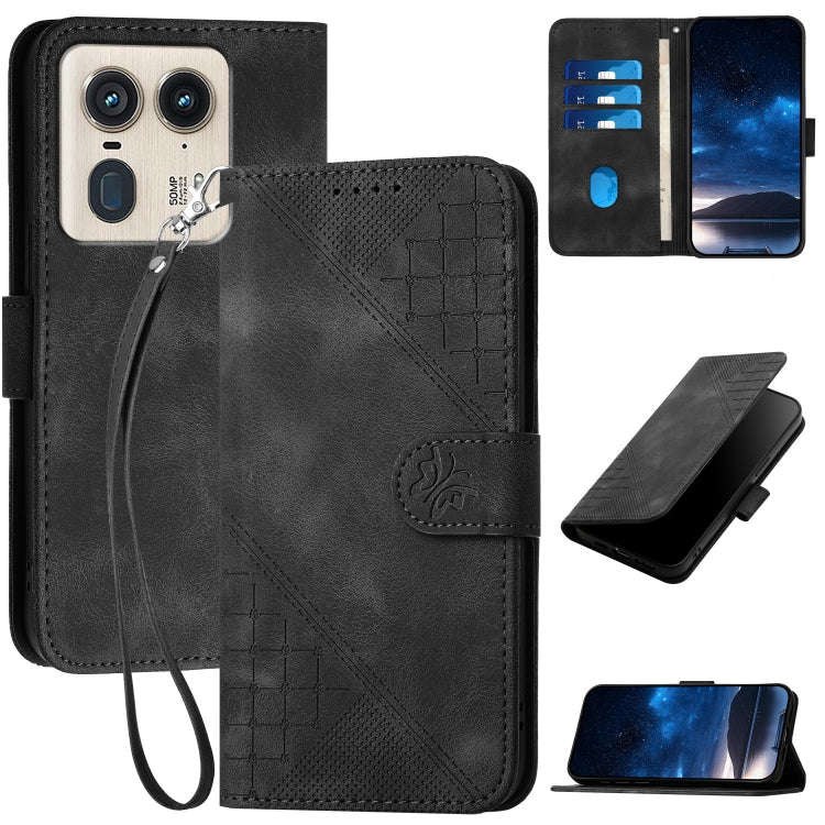 For Motorola Edge 50 Ultra 5G Global Grid Butterfly Embossed Pattern Leather Phone Case with Lany...