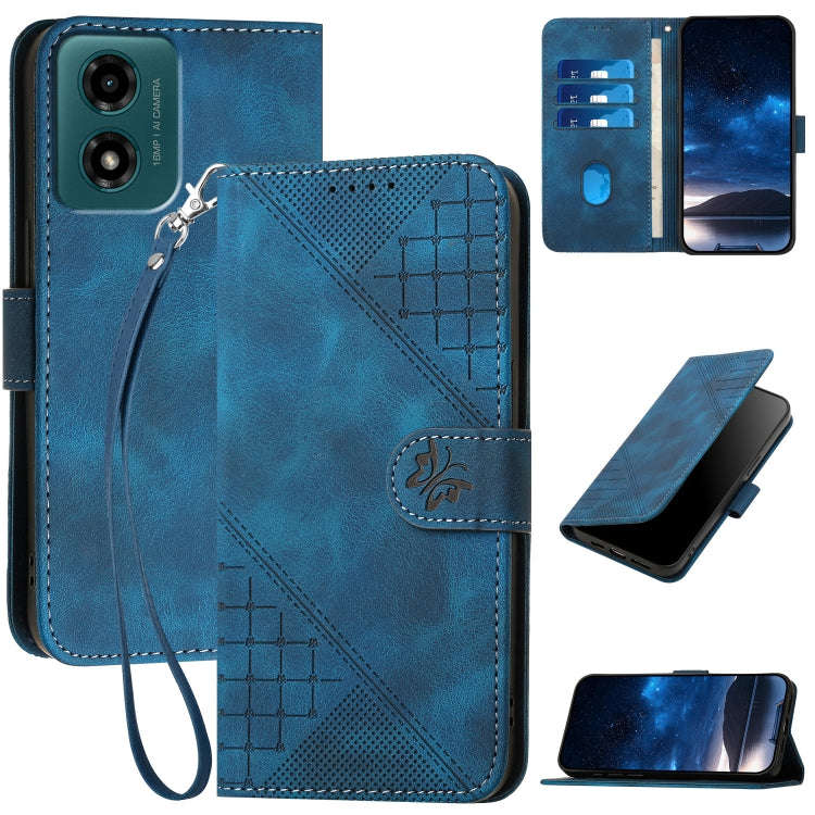 For Motorola Moto G24 4G Global Grid Butterfly Embossed Pattern Leather Phone Case with Lanyard(D...