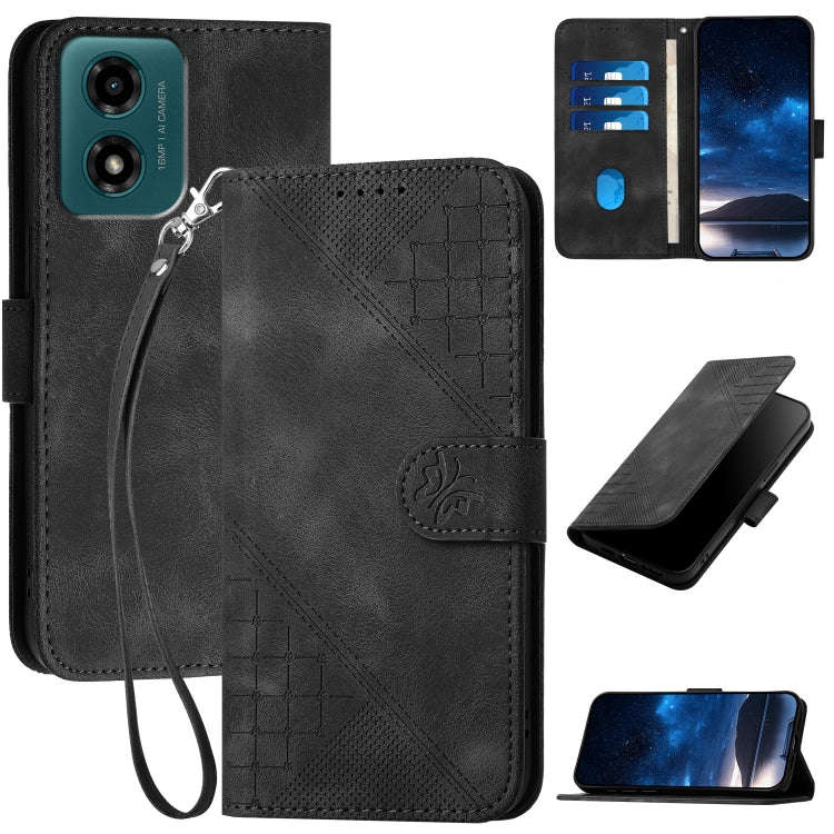 For Motorola Moto G24 4G Global Grid Butterfly Embossed Pattern Leather Phone Case with Lanyard(B...