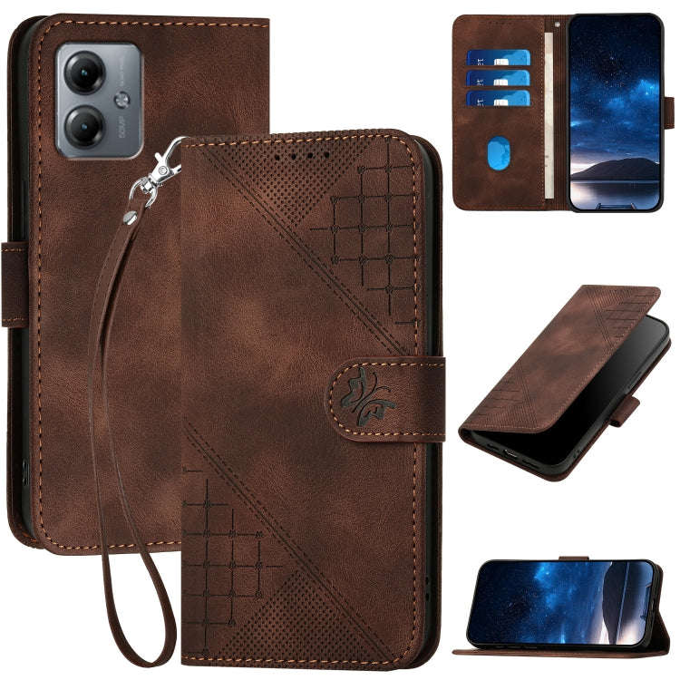 For Motorola Moto G14 Grid Butterfly Embossed Pattern Leather Phone Case with Lanyard(Coffee)