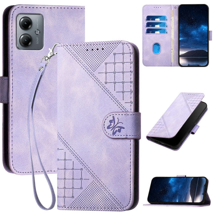 For Motorola Moto G14 Grid Butterfly Embossed Pattern Leather Phone Case with Lanyard(Light Purple)