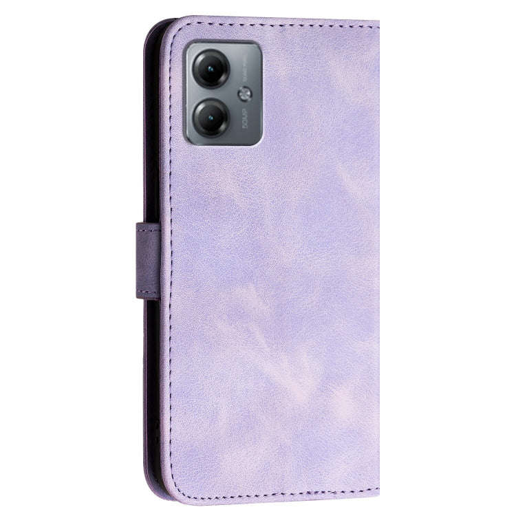For Motorola Moto G14 Grid Butterfly Embossed Pattern Leather Phone Case with Lanyard(Light Purple)