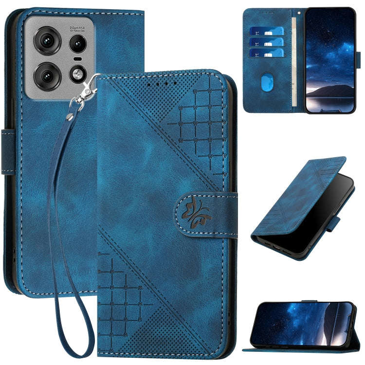 For Motorola Edge 50 Pro 5G Grid Butterfly Embossed Pattern Leather Phone Case with Lanyard(Dark ...