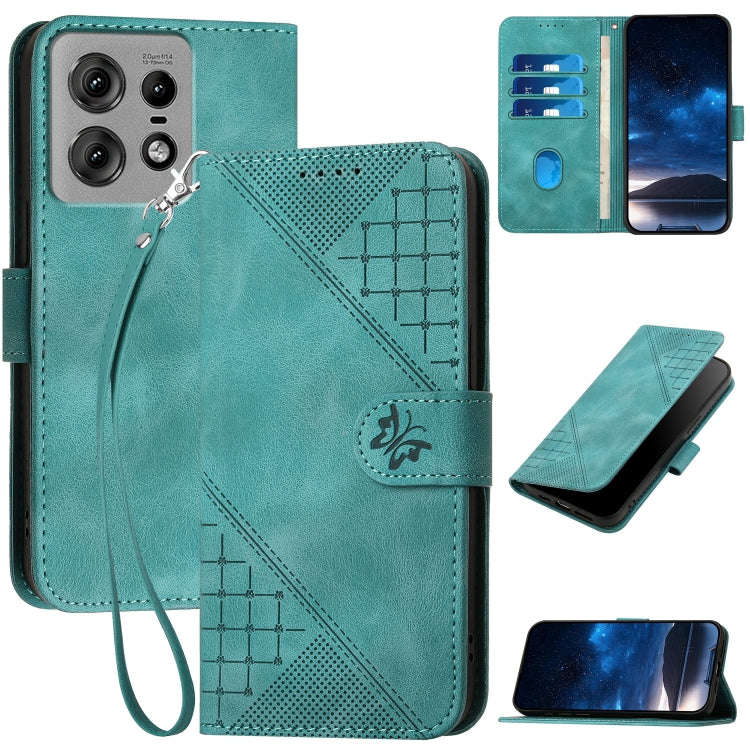 For Motorola Edge 50 Pro 5G Grid Butterfly Embossed Pattern Leather Phone Case with Lanyard(Light...