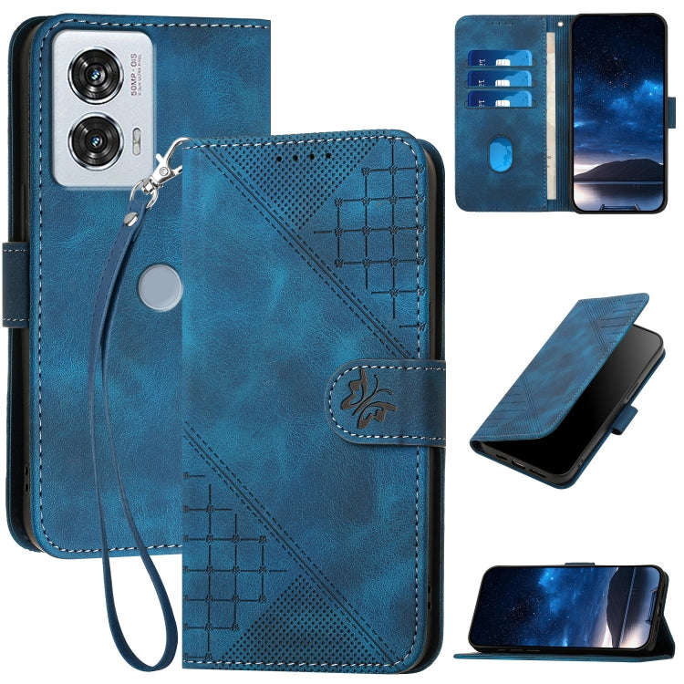 For Motorola Edge 50 Fusion 5G Global Grid Butterfly Embossed Pattern Leather Phone Case with Lan...
