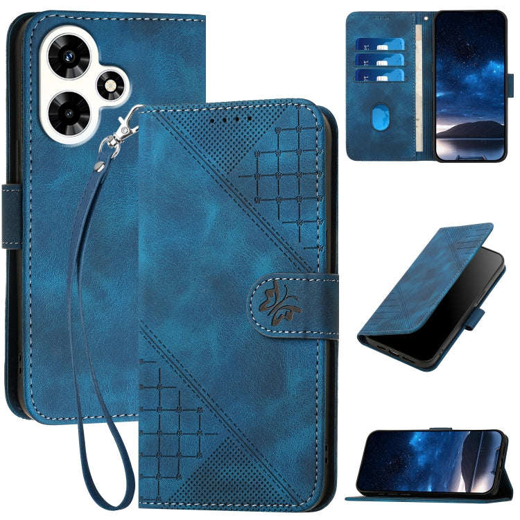 For Infinix Hot 30i Grid Butterfly Embossed Pattern Leather Phone Case with Lanyard(Dark Blue)