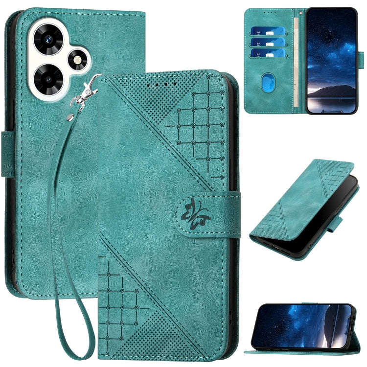For Infinix Hot 30i Grid Butterfly Embossed Pattern Leather Phone Case with Lanyard(Light Blue)