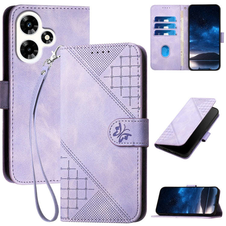 For Infinix Hot 30i Grid Butterfly Embossed Pattern Leather Phone Case with Lanyard(Light Purple)