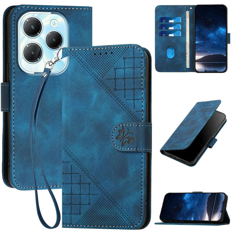 For Infinix Hot 40 Pro 4G Grid Butterfly Embossed Pattern Leather Phone Case with Lanyard(Dark Blue)