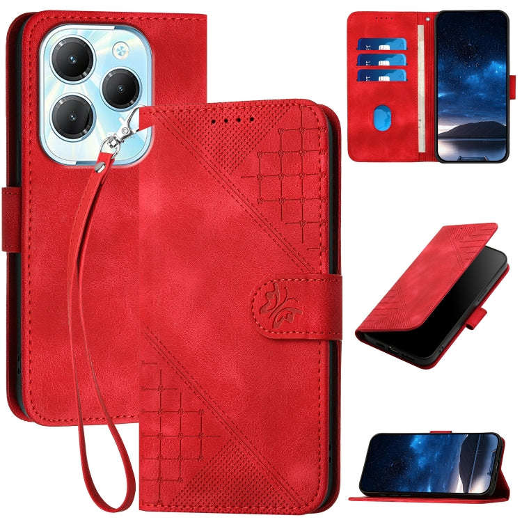 For Infinix Hot 40 Pro 4G Grid Butterfly Embossed Pattern Leather Phone Case with Lanyard(Red)