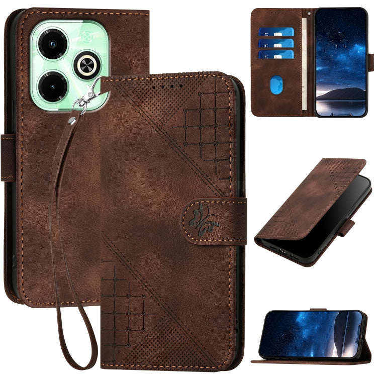 For Infinix Hot 40i 4G Grid Butterfly Embossed Pattern Leather Phone Case with Lanyard(Coffee)