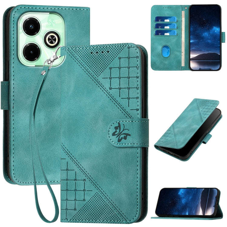 For Infinix Hot 40i 4G Grid Butterfly Embossed Pattern Leather Phone Case with Lanyard(Light Blue)