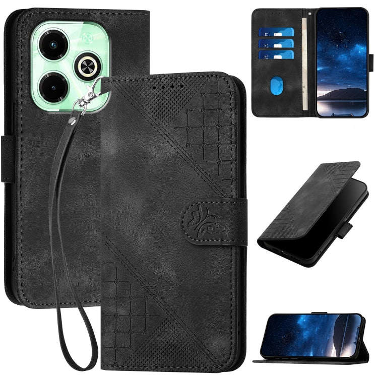 For Infinix Smart 8 4G Grid Butterfly Embossed Pattern Leather Phone Case with Lanyard(Black)