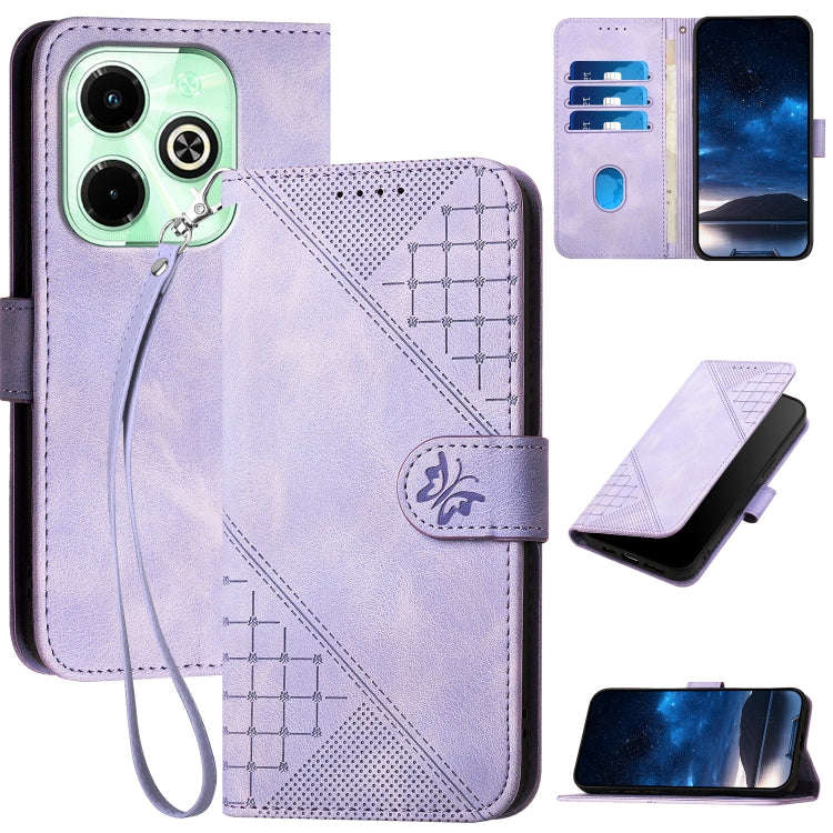 For Infinix Smart 8 Plus 4G Grid Butterfly Embossed Pattern Leather Phone Case with Lanyard(Light...
