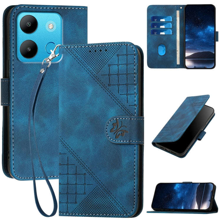 For Infinix Smart 7 Global Grid Butterfly Embossed Pattern Leather Phone Case with Lanyard(Dark B...