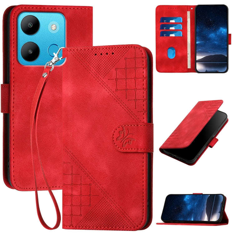 For Infinix Smart 7 Global Grid Butterfly Embossed Pattern Leather Phone Case with Lanyard(Red)