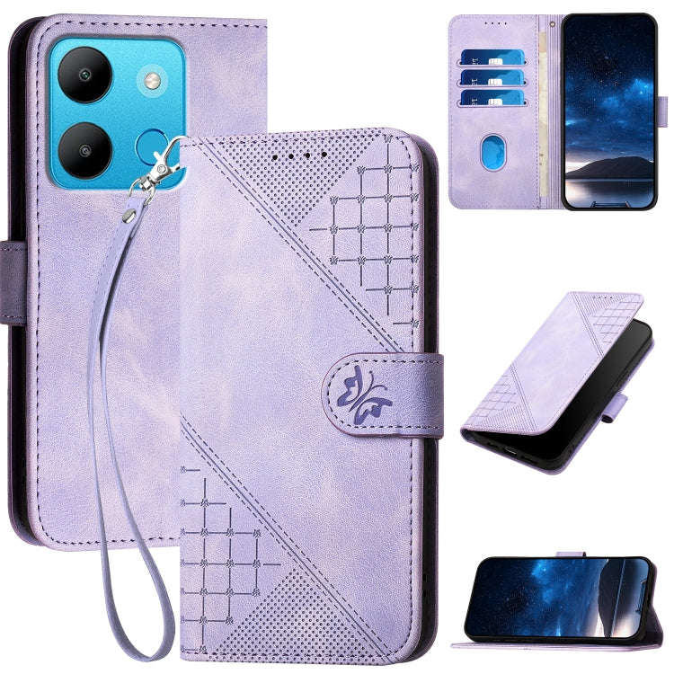 For Infinix Smart 7 Global Grid Butterfly Embossed Pattern Leather Phone Case with Lanyard(Light ...