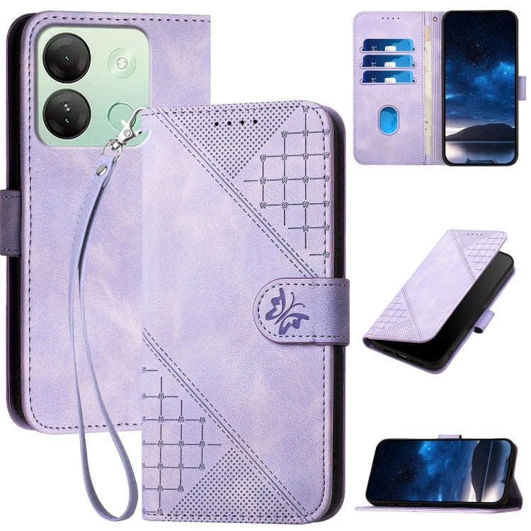 For Infinix Smart 7 HD Grid Butterfly Embossed Pattern Leather Phone Case with Lanyard(Light Purple)