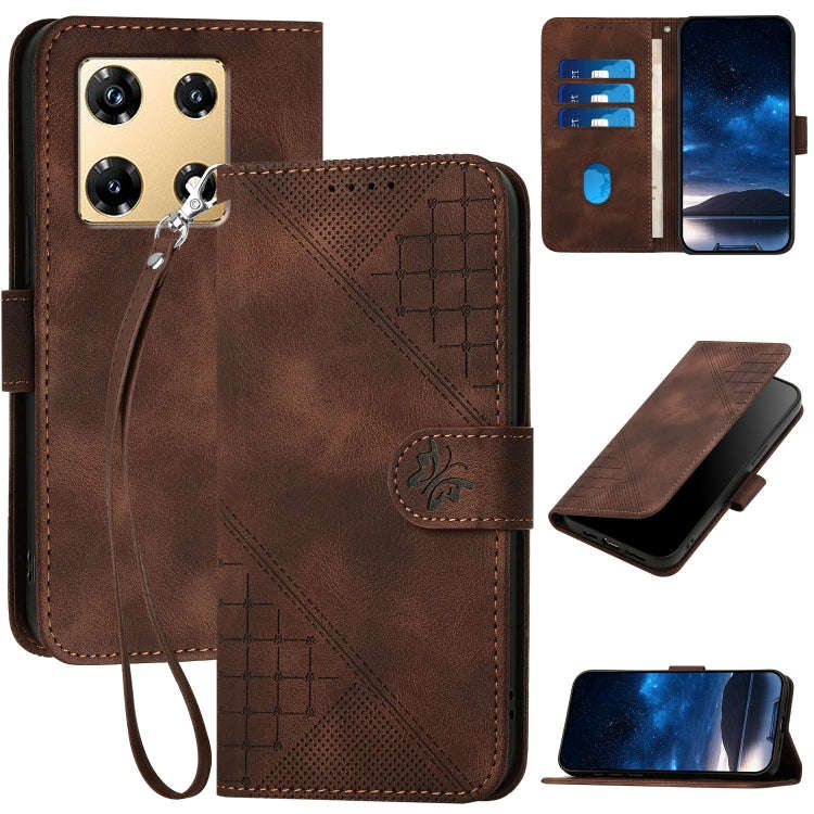 For Infinix Note 30 Pro Grid Butterfly Embossed Pattern Leather Phone Case with Lanyard(Coffee)