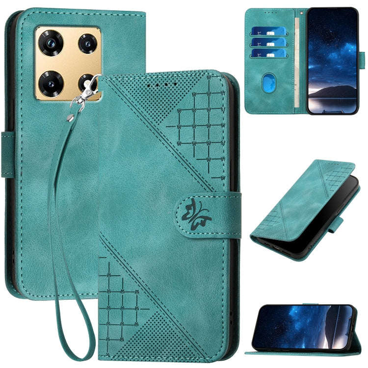 For Infinix Note 30 Pro Grid Butterfly Embossed Pattern Leather Phone Case with Lanyard(Light Blue)