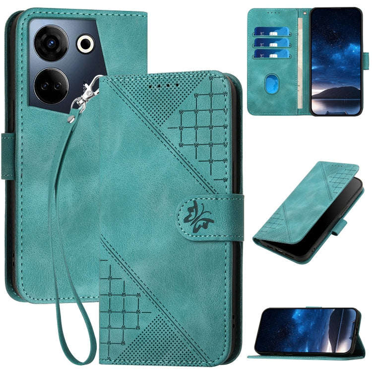 For Tecno Camon 20 / 20 Pro 4G Grid Butterfly Embossed Pattern Leather Phone Case with Lanyard(Li...