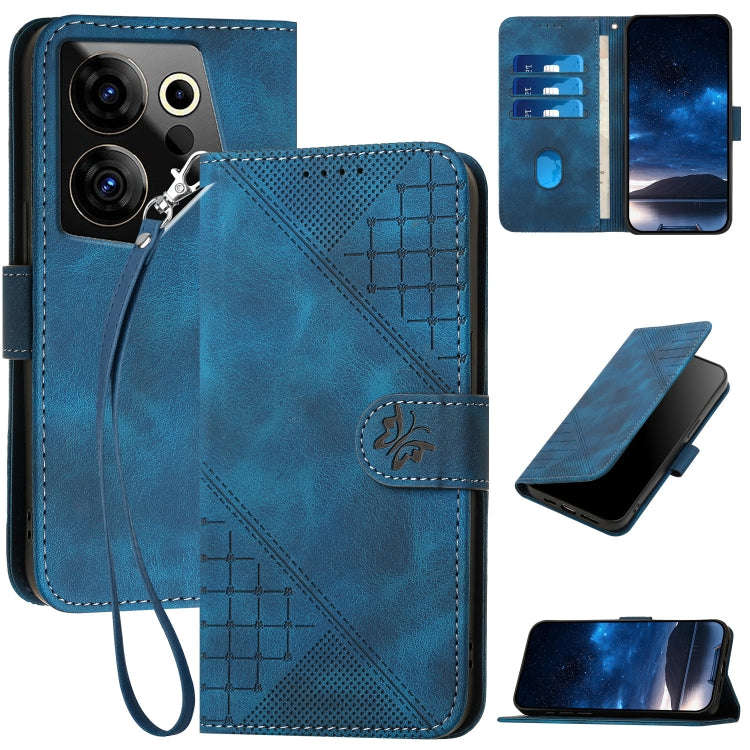 For Tecno Camon 20 Premier 5G Grid Butterfly Embossed Pattern Leather Phone Case with Lanyard(Dar...