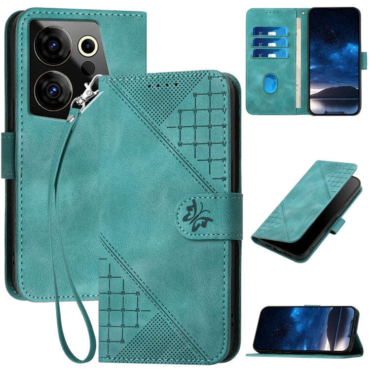 For Tecno Camon 20 Premier 5G Grid Butterfly Embossed Pattern Leather Phone Case with Lanyard(Lig...