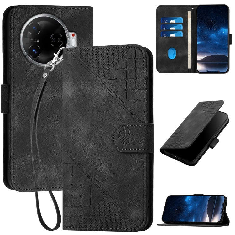 For Tecno Camon 30 Pro 5G Grid Butterfly Embossed Pattern Leather Phone Case with Lanyard(Black)