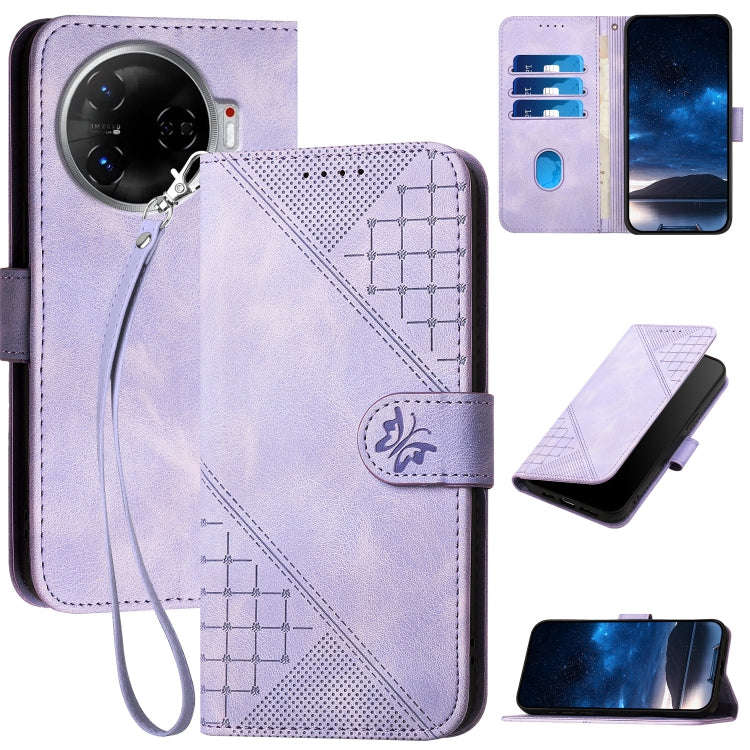 For Tecno Camon 30 Pro 5G Grid Butterfly Embossed Pattern Leather Phone Case with Lanyard(Light P...