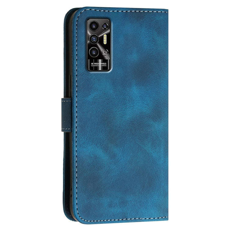For Tecno Pova 3 Grid Butterfly Embossed Pattern Leather Phone Case with Lanyard(Dark Blue)