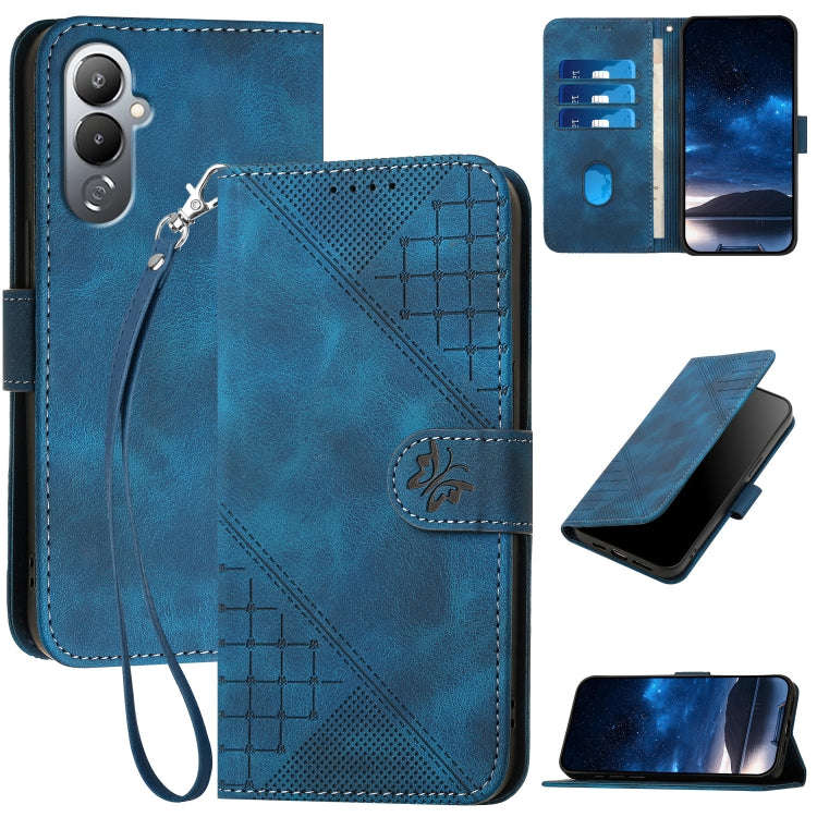 For Tecno Pova 4 Grid Butterfly Embossed Pattern Leather Phone Case with Lanyard(Dark Blue)