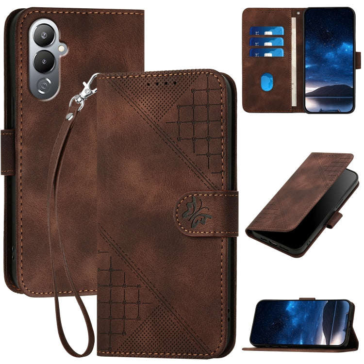 For Tecno Pova 4 Grid Butterfly Embossed Pattern Leather Phone Case with Lanyard(Coffee)