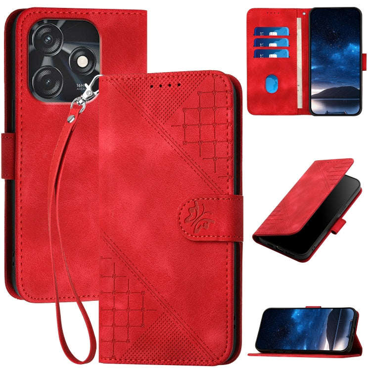For Tecno Spark 10C Grid Butterfly Embossed Pattern Leather Phone Case with Lanyard(Red)