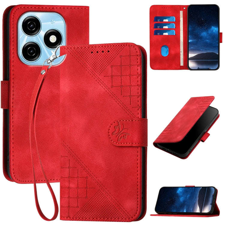 For Tecno Spark 20 4G / 20C 4G Grid Butterfly Embossed Pattern Leather Phone Case with Lanyard(Red)