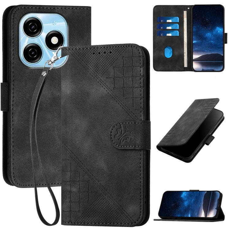 For Tecno Spark 20 4G / 20C 4G Grid Butterfly Embossed Pattern Leather Phone Case with Lanyard(Bl...