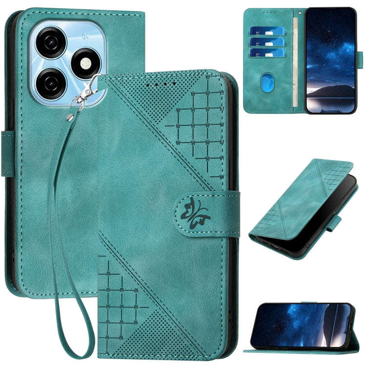 For Tecno Spark 20 4G / 20C 4G Grid Butterfly Embossed Pattern Leather Phone Case with Lanyard(Li...
