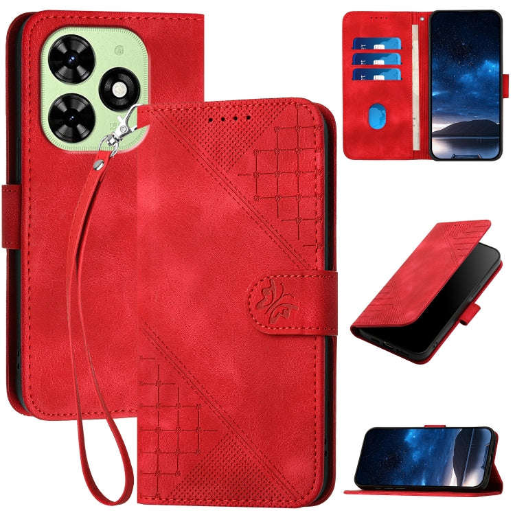 For Tecno Spark Go 2024 4G Grid Butterfly Embossed Pattern Leather Phone Case with Lanyard(Red)