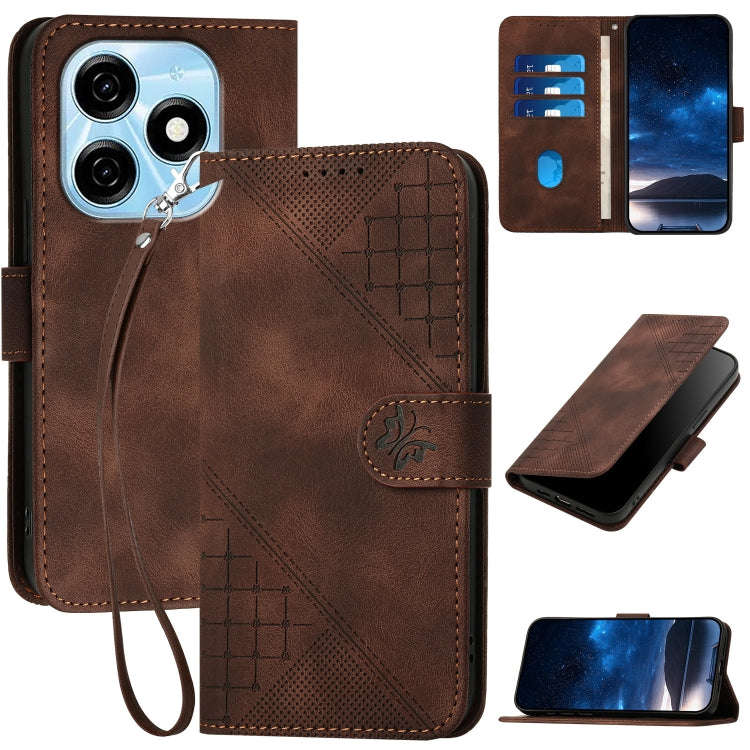 For Tecno Pop 8 4G Grid Butterfly Embossed Pattern Leather Phone Case with Lanyard(Coffee)