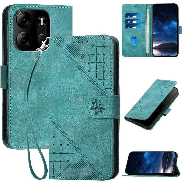 For Tecno Pop 7 / 7 Pro Grid Butterfly Embossed Pattern Leather Phone Case with Lanyard(Light Blue)
