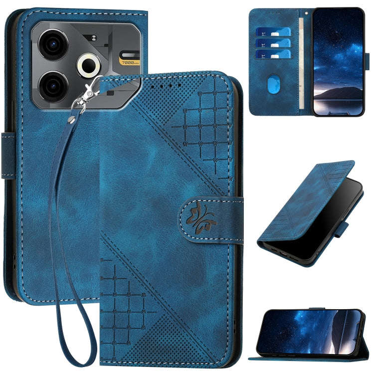 For Tecno Pova 6 Neo Grid Butterfly Embossed Pattern Leather Phone Case with Lanyard(Dark Blue)