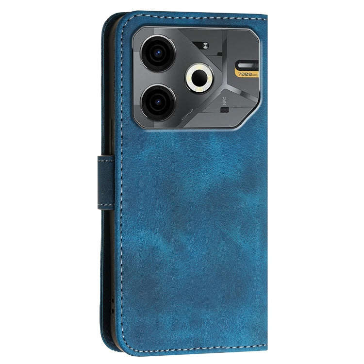 For Tecno Pova 6 Neo Grid Butterfly Embossed Pattern Leather Phone Case with Lanyard(Dark Blue)