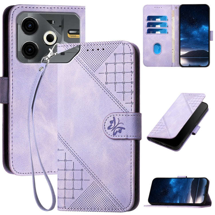 For Tecno Pova 6 Neo Grid Butterfly Embossed Pattern Leather Phone Case with Lanyard(Light Purple)