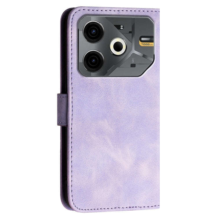 For Tecno Pova 6 Neo Grid Butterfly Embossed Pattern Leather Phone Case with Lanyard(Light Purple)
