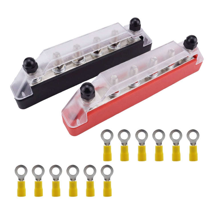 Pair 6 Way 48V 150A M6 Power Distribution Block Terminal Studs with 12pcs Terminals(Black + Red)