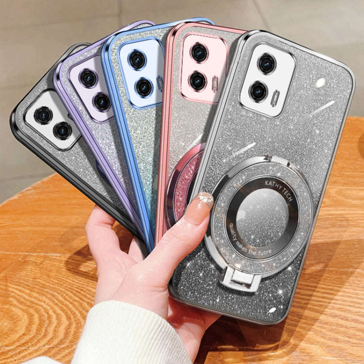 For Motorola Moto G73 Plated Gradient Glitter Round Holder TPU Phone Case(Sierra Blue)