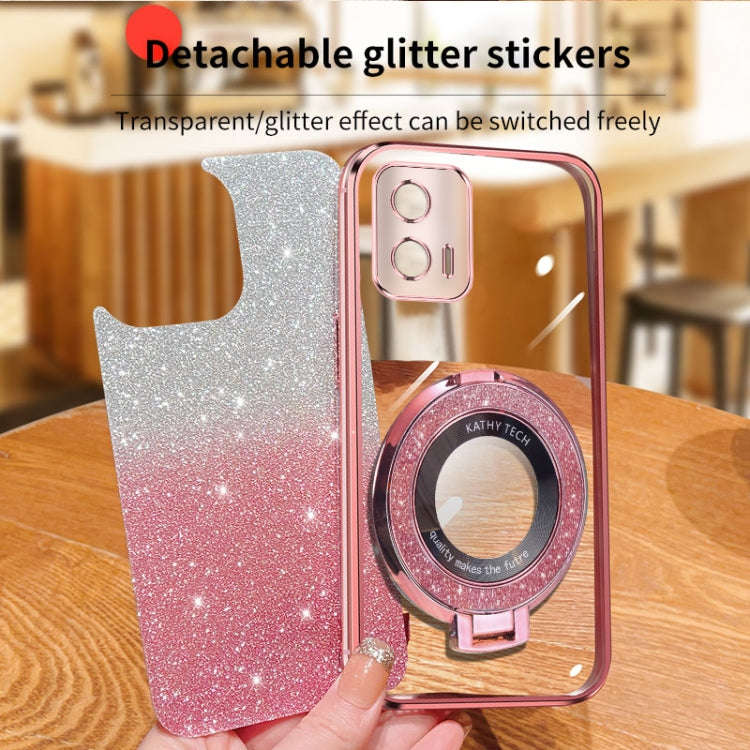 For Motorola Moto G73 Plated Gradient Glitter Round Holder TPU Phone Case(Sierra Blue)