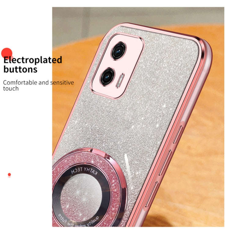 For Motorola Moto G73 Plated Gradient Glitter Round Holder TPU Phone Case(Sierra Blue)