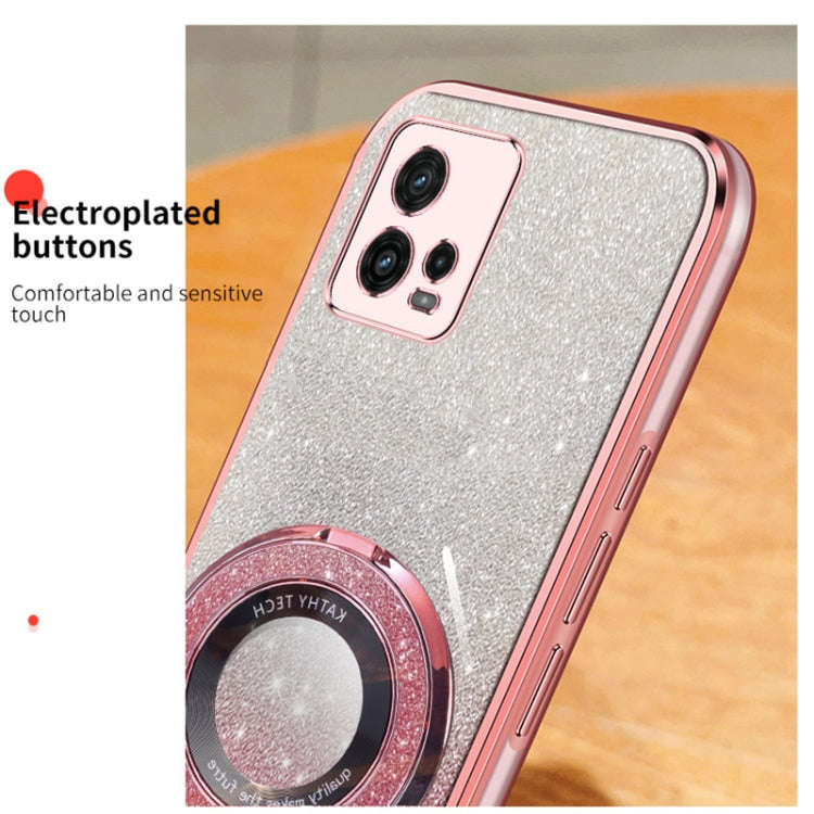 For Motorola Moto G72 Plated Gradient Glitter Round Holder TPU Phone Case(Pink)