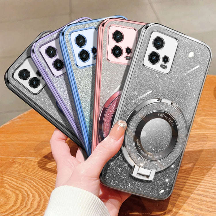 For Motorola Moto G72 Plated Gradient Glitter Round Holder TPU Phone Case(Sierra Blue)