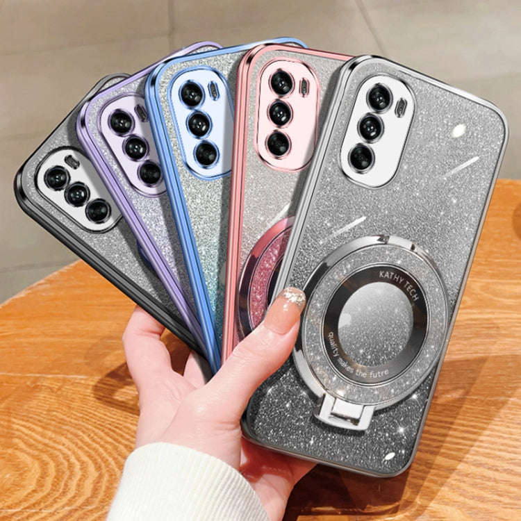 For Motorola Moto G62 5G Plated Gradient Glitter Round Holder TPU Phone Case(Silver)